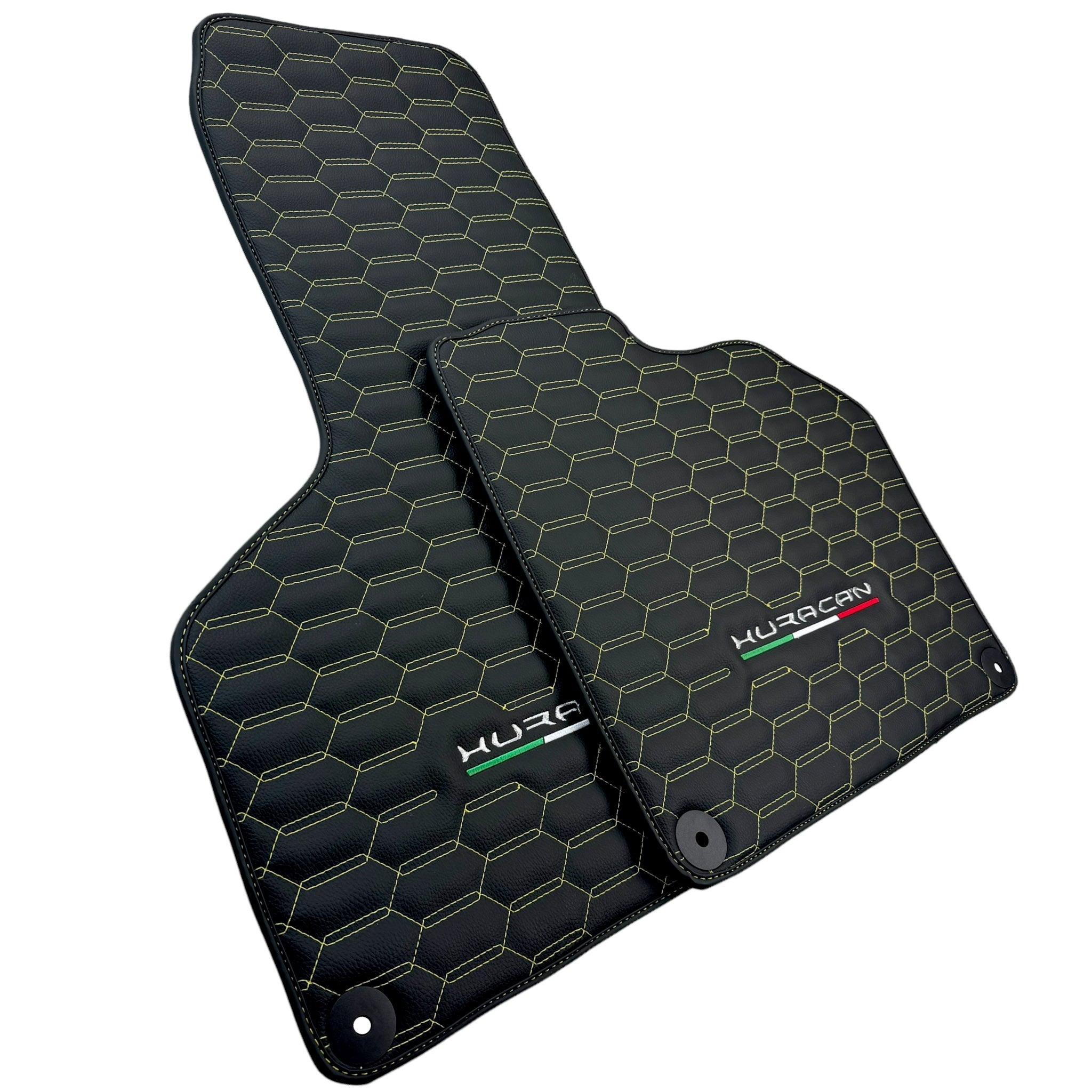 Floor Mats for Lamborghini Huracan Leather Yellow Stitching - AutoWin