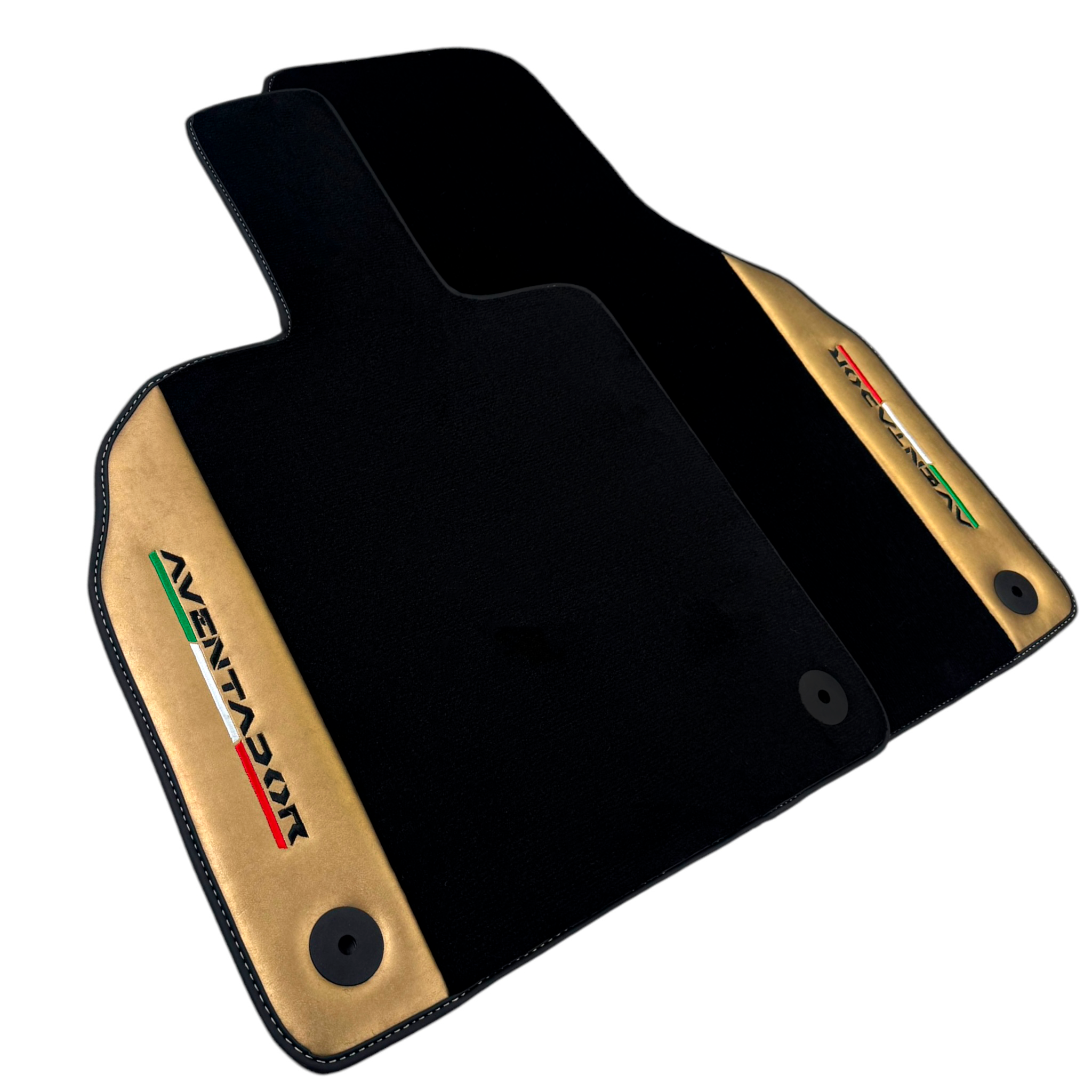 Italian Edition Black Floor Mats for Lamborghini Aventador (2012-2022) with Gold Leather Border