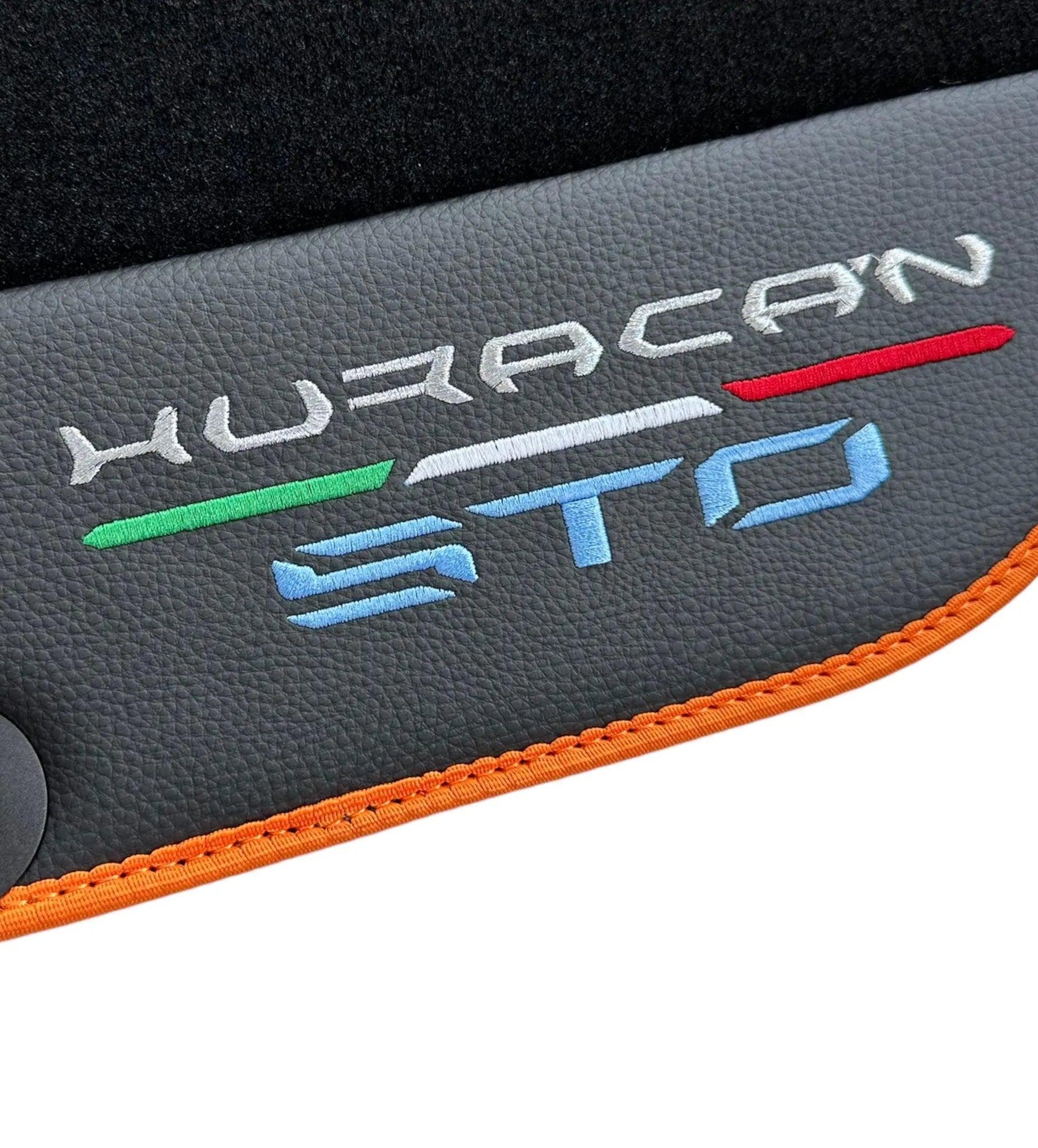 Black Floor Mats for Lamborghini Huracan STO With Black Leather and Orange Trim - AutoWin