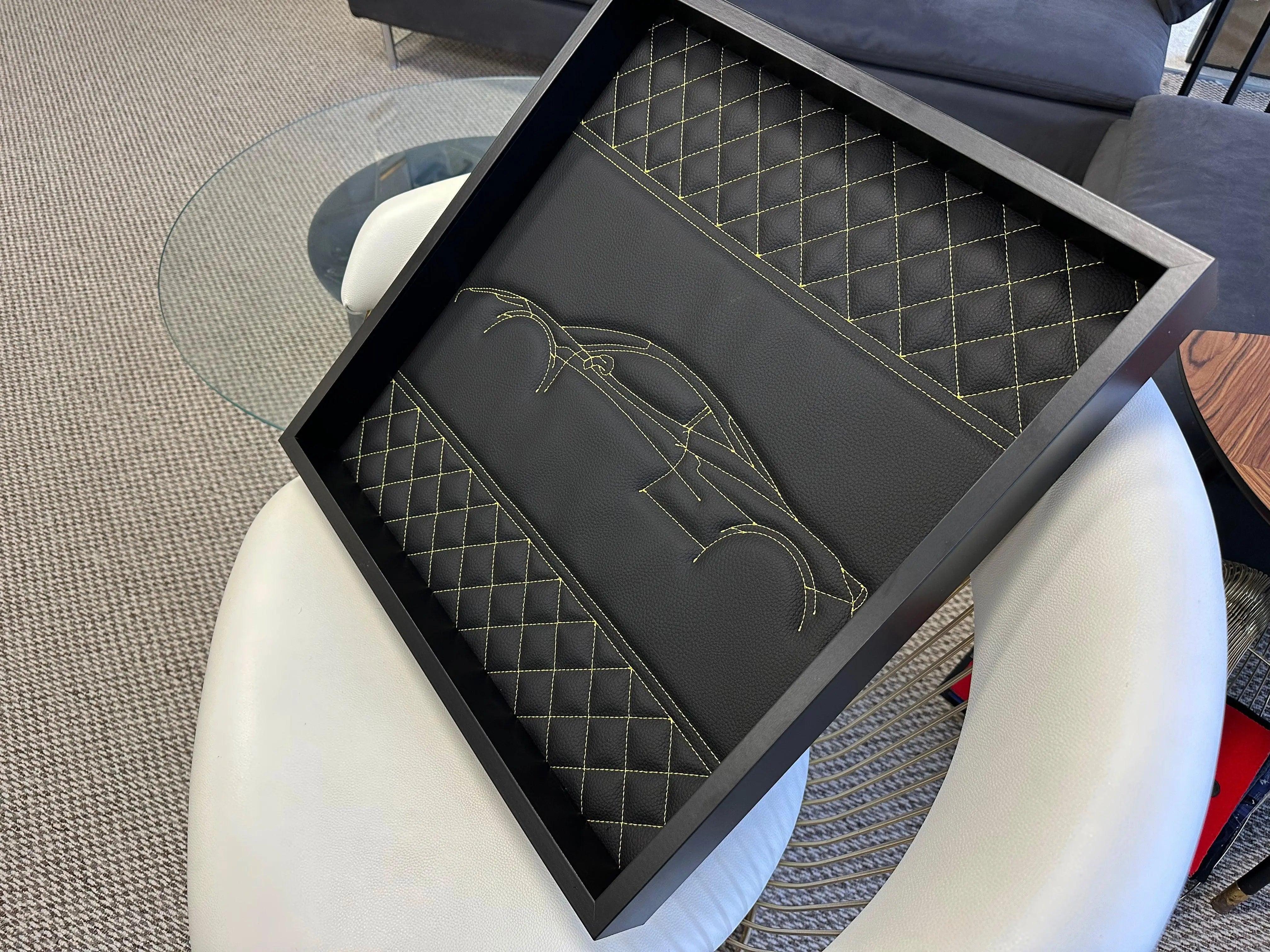 Black Leather Ferrari 488 Inspired Wall Art: Embroidered Yellow Stitch Luxury Decor - AutoWin