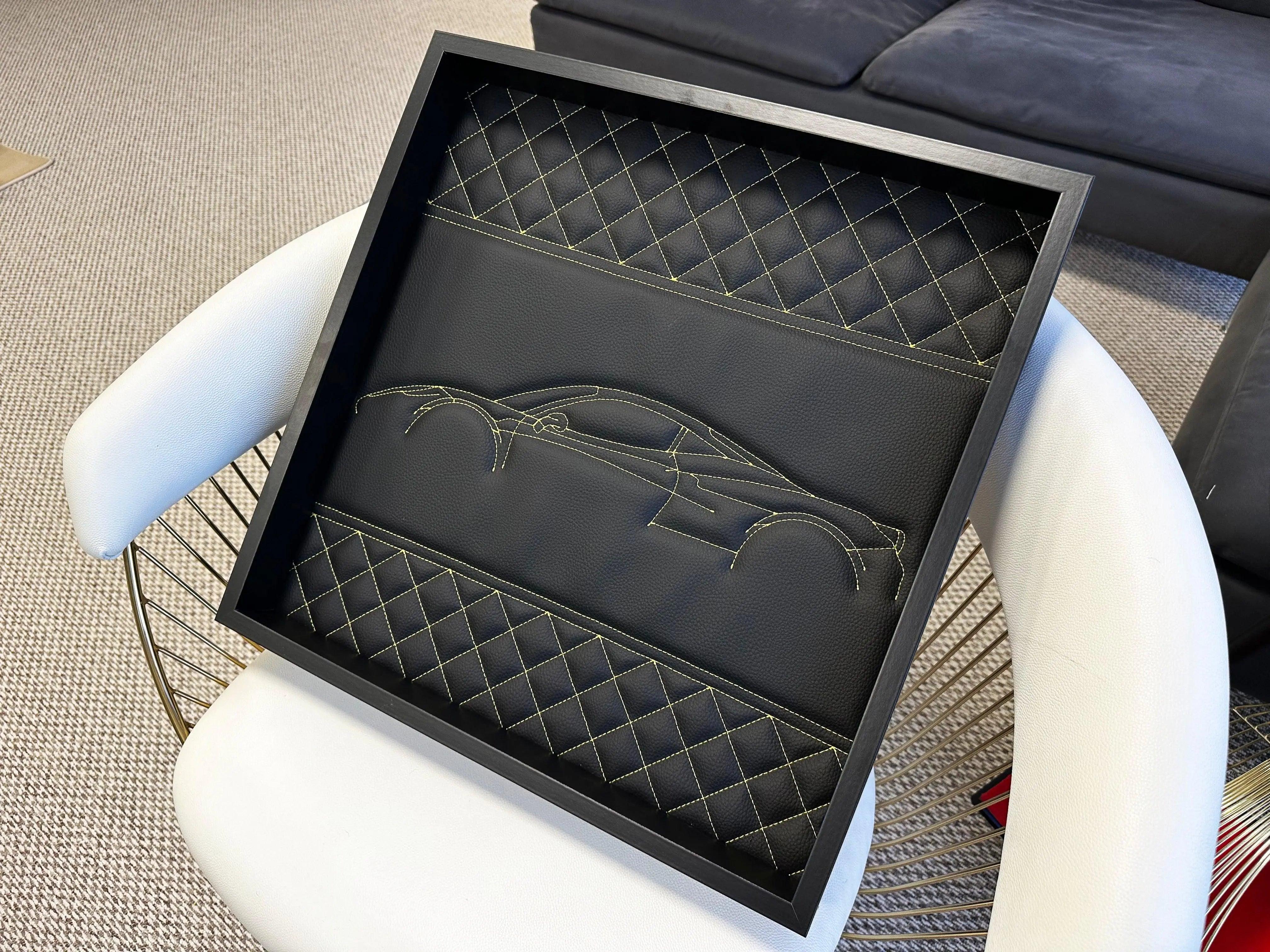 Black Leather Ferrari 488 Inspired Wall Art: Embroidered Yellow Stitch Luxury Decor - AutoWin